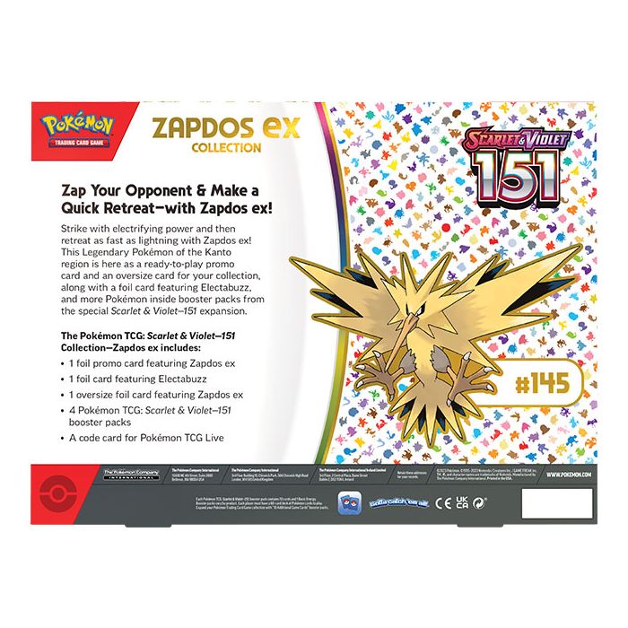 Rear view of the Pokémon TCG Scarlet & Violet 151 Zapdos ex Collection.