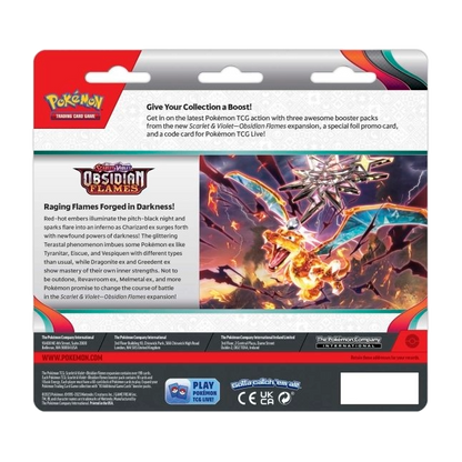 Rear view of the Pokemon Trading Card Game Scarlet and Violet Obsidian Flames Triple Blister, featuring Charizard and includes promo card and 3 Obsidian Flames Booster Packs.