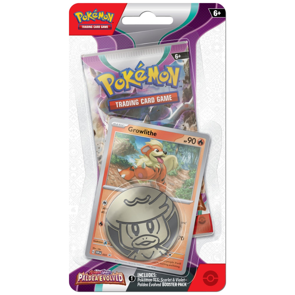 Front view of the Pokemon Trading Card Game Scarlet & Violet Paldea Evolved Single Blister Pack featuring Growlithe.