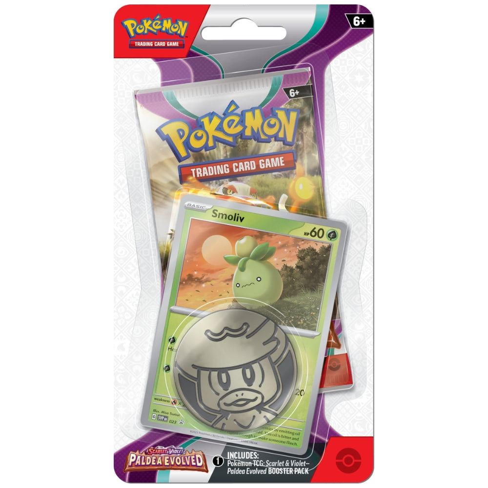 Front view of the Pokemon Trading Card Game Scarlet & Violet Paldea Evolved Single Blister Pack featuring Smoliv on white Background.
