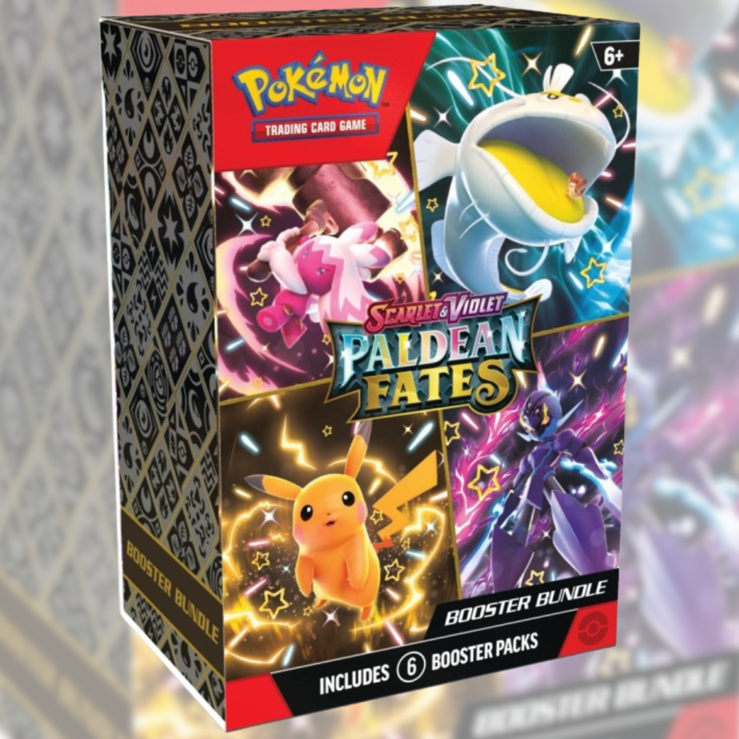 Front angled view of the Pokemon Trading Card Game Scarlet & Violet Paldean Fates Booster Bundle.