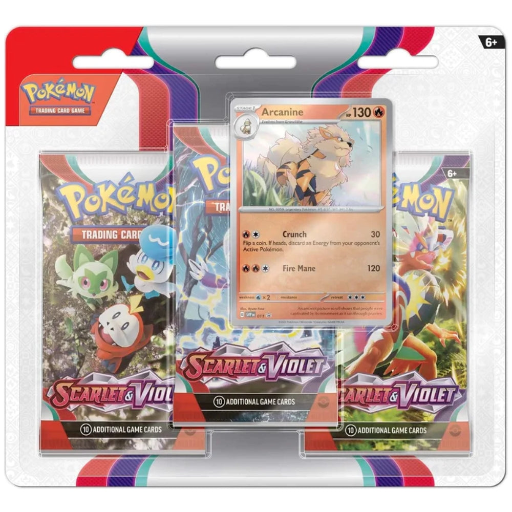 Pokemon Trading Card Game Scarlet and Violet Base Set Triple Blister Pack featuring Acanine promo card and three Scarlet and Violet Booster Packs. Pokemon Scarlet and Violet branding.