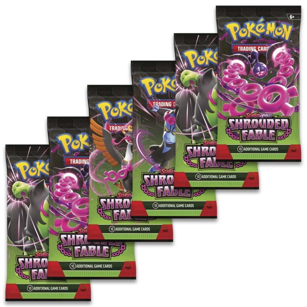 Front view of six Pokemon Trading Card Game Scarlet and Violet Shrouded Fable Booster Packs, contents of the Shrouded Fable Booster Bundle.