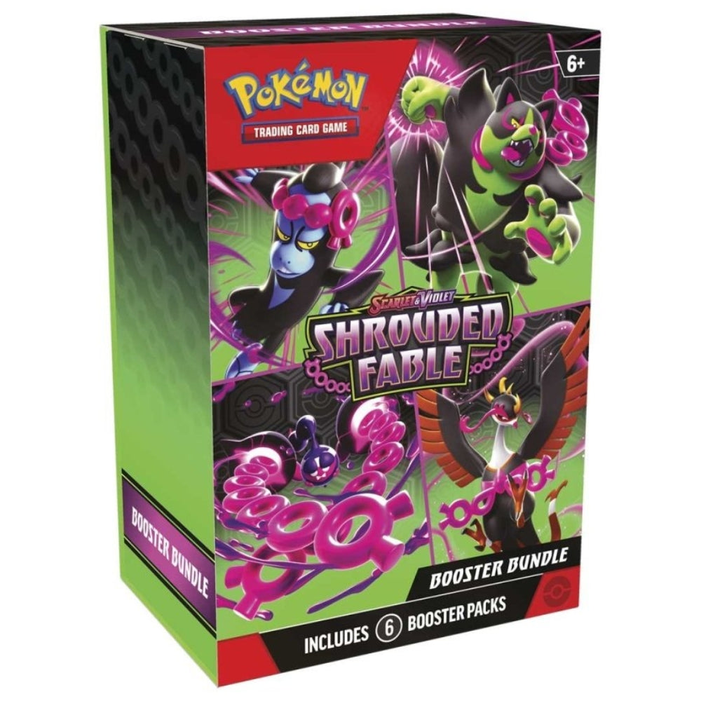 Front angled view of the Pokemon Trading Card Game Scarlet and Violet Shrouded Fable Booster Bundle.