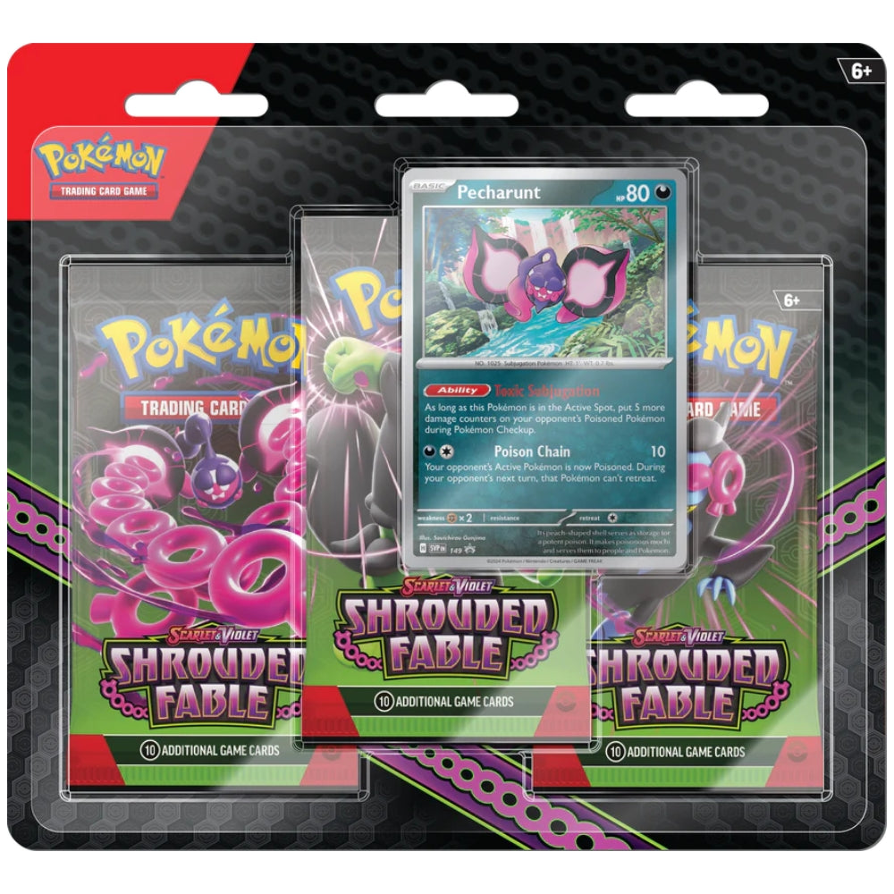 Front view of the Pokemon Trading Card Game Scarlet and Violet Shrouded Fable 3 Pack Blister featuring Pecharunt Black Stare Promo card.