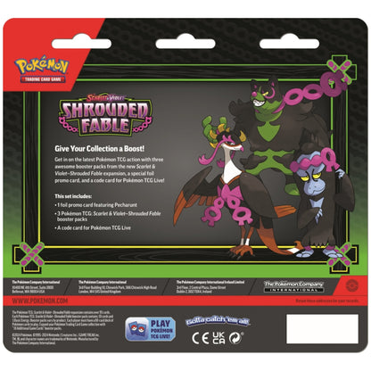 Rear view of the Pokemon Trading Card Game Scarlet and Violet Shrouded Fable 3 Pack Blister featuring Pecharunt Black Stare Promo card.