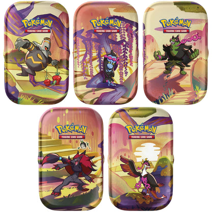 Pokemon Trading Card Game Scarlet & Violet Shrouded Fable Mini Tin Set Featuring all artworks including Fezandipiti, Munkidori, Okidogi, Zoroark and Dusknoir.