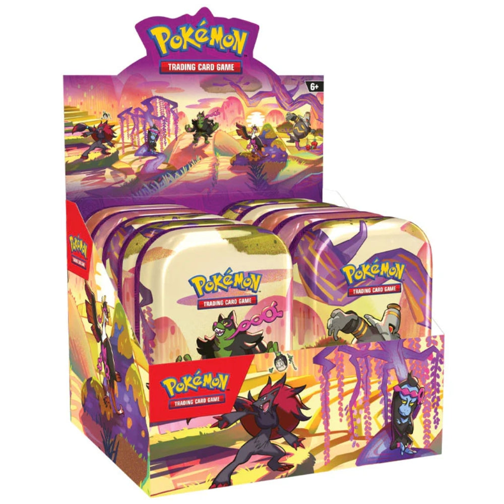 Front angled view of the Pokemon Trading Card Game Scarlet & Violet Shrouded Fable Mini Tin Display case Featuring 10 tins.