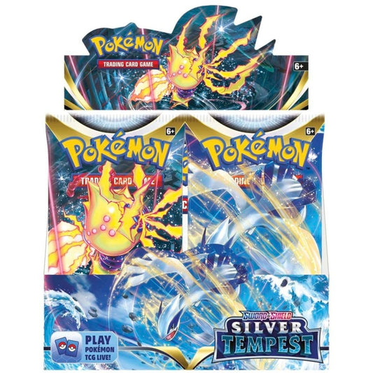 Front view of the Pokemon Trading Card Game Sword and Shield Silver Tempest Booster Display Box.