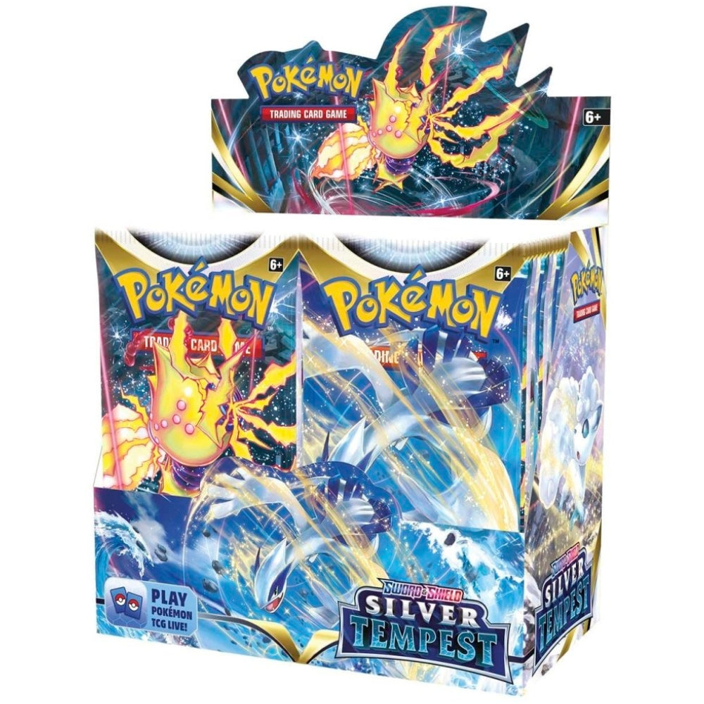 Front angled view of the Pokemon Trading Card Game Sword and Shield Silver Tempest Booster Display Box.