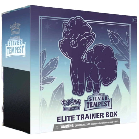 Front view of The Pokemon Trading Card Game Sword and Shield Silver Tempest Elite Trainer Box.