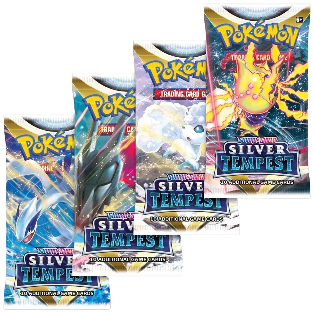 Pokemon Trading Card Game Sword and Shield Silver Tempest Booster Packs, image shows four booster packs, all with different artwork. Pokemon Silver Tempest branding.