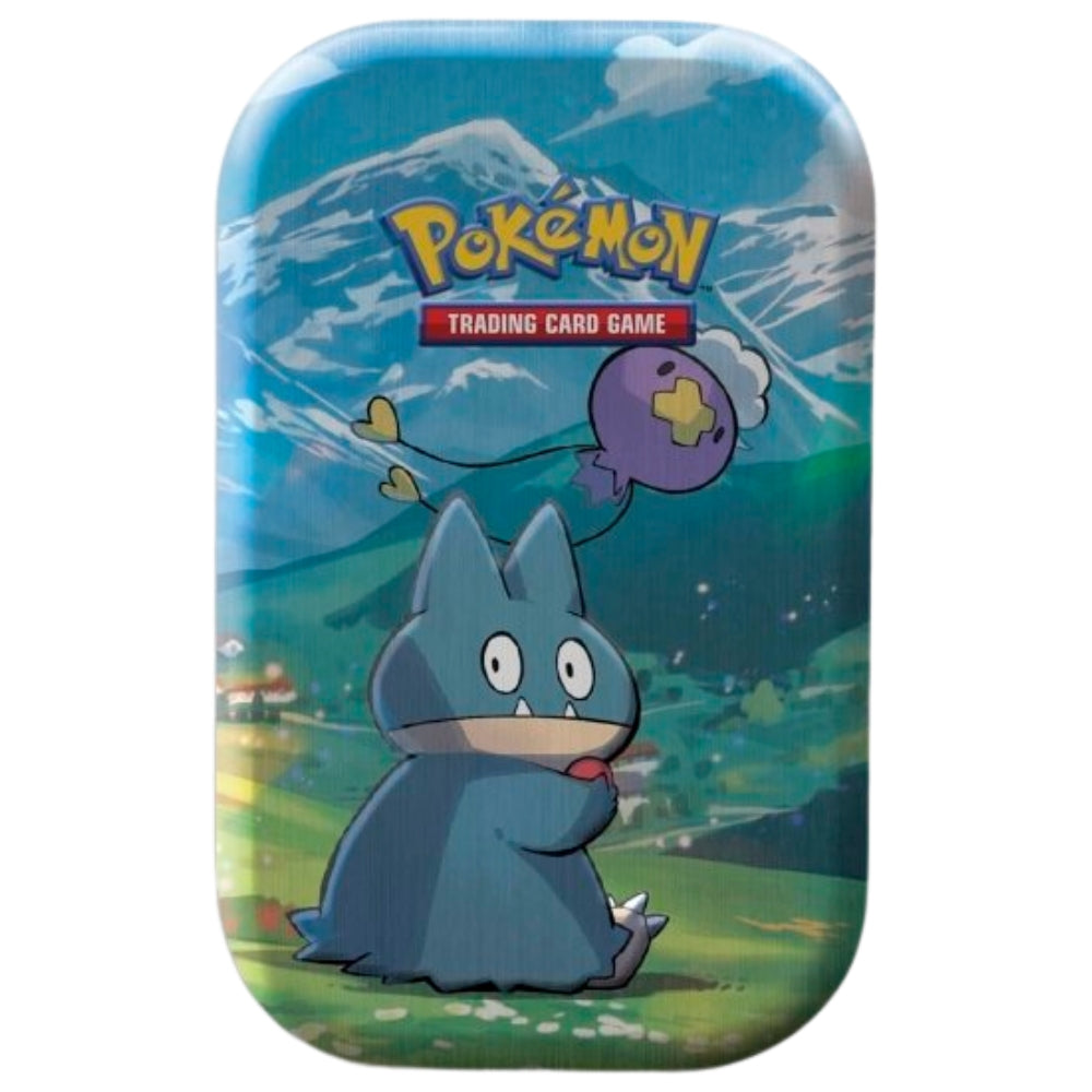 Front view of the Pokemon Trading Card Game Sinnoh Stars Mini tin featuring Munchlax and Drifloon.
