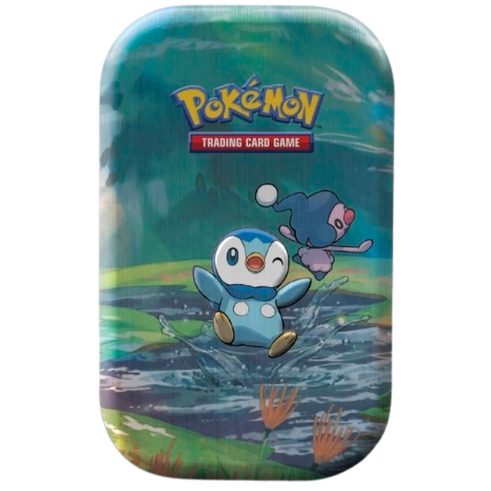Front view of the Pokemon Trading Card Game Sinnoh Stars Mini tin featuring Piplup and Mime Jr.