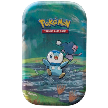 Front view of The Pokemon Trading Card Game Sinnoh Sytars Mini Tin featuring Piplup and Mime Jr.