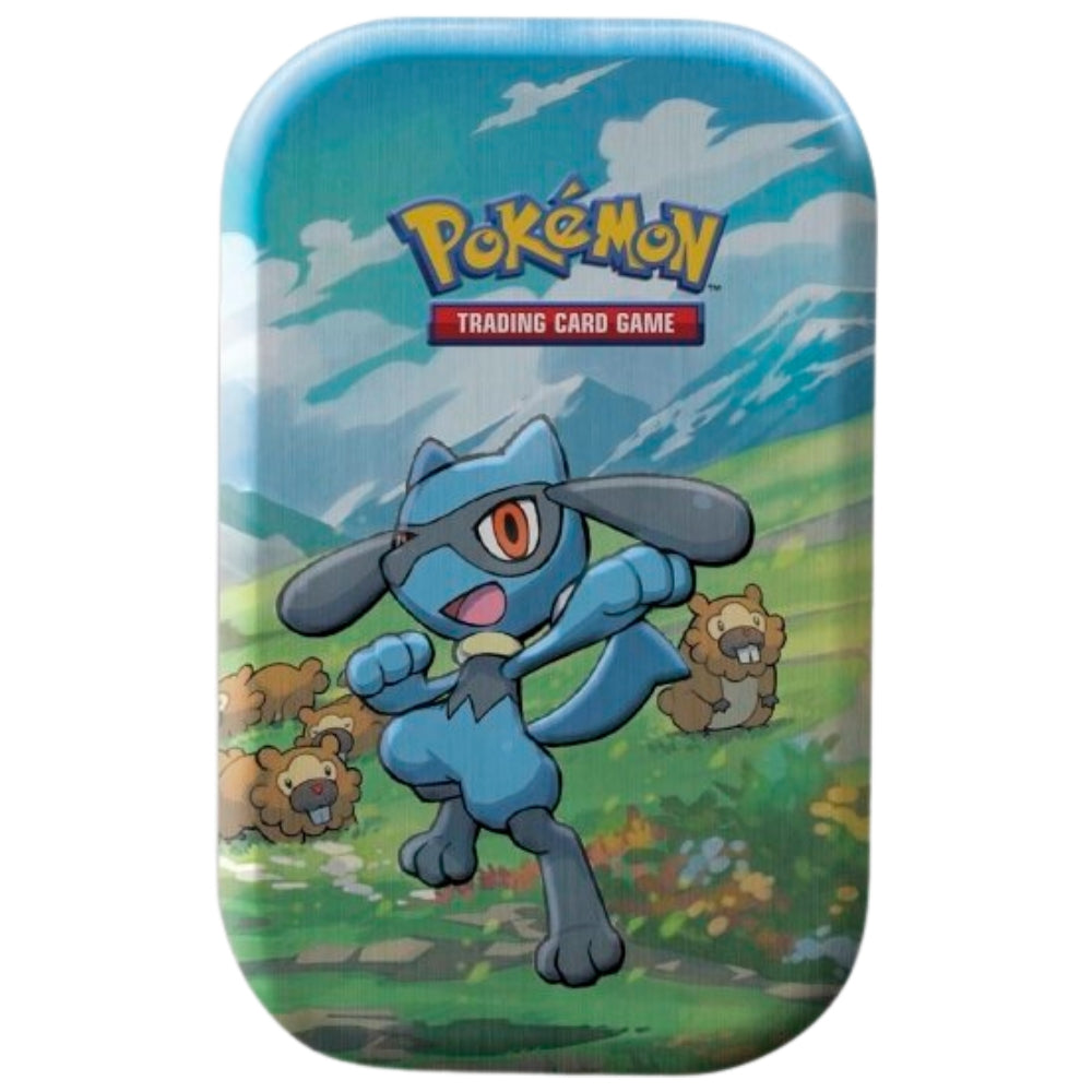 Front view of The Pokemon Trading Card Game Sinnoh Sytars Mini Tin featuring Riolu and Bidoof.
