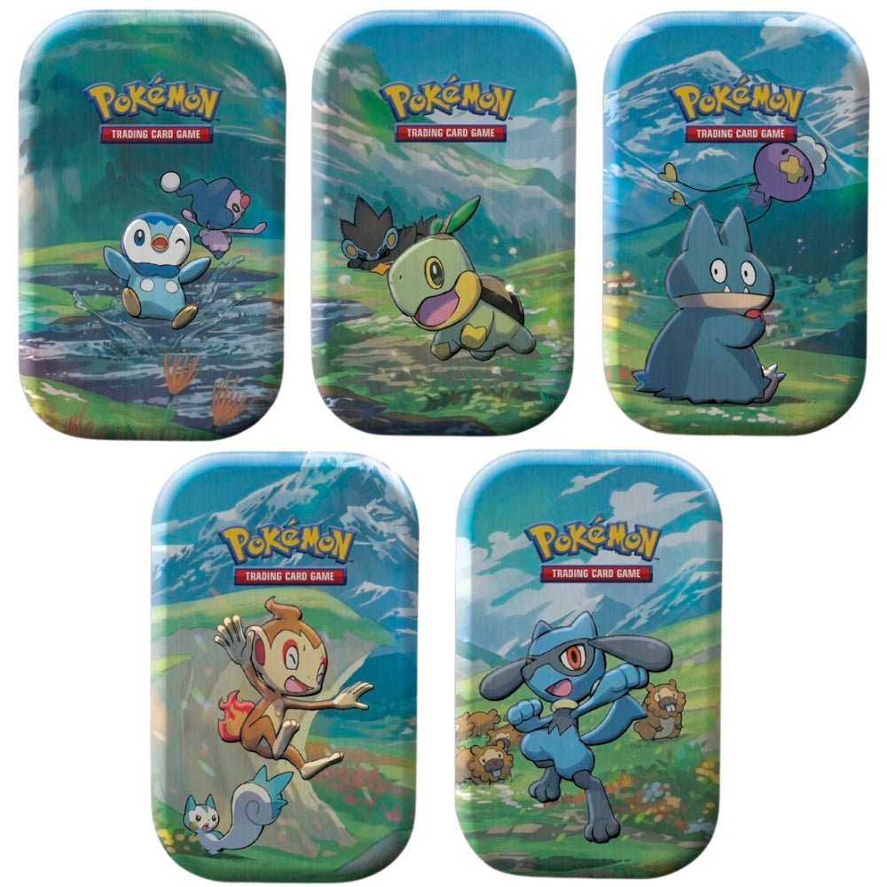 Front view of all five variations of The Pokemon Trading Card Game Sinnoh Stars Mini Tin all featuring different Pokemon Characters.