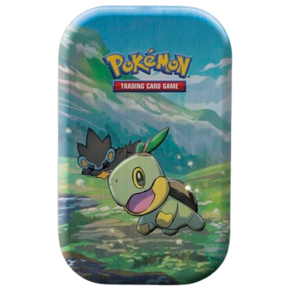Front view of The Pokemon Trading Card Game Sinnoh Sytars Mini Tin featuring Turtwig and Luxray.