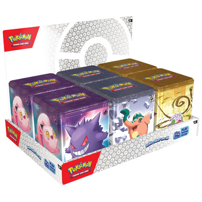 Front view of the Pokemon Trading Card Game Q1 2024 Stacking Tin Display Case featuring 6 tins in total.