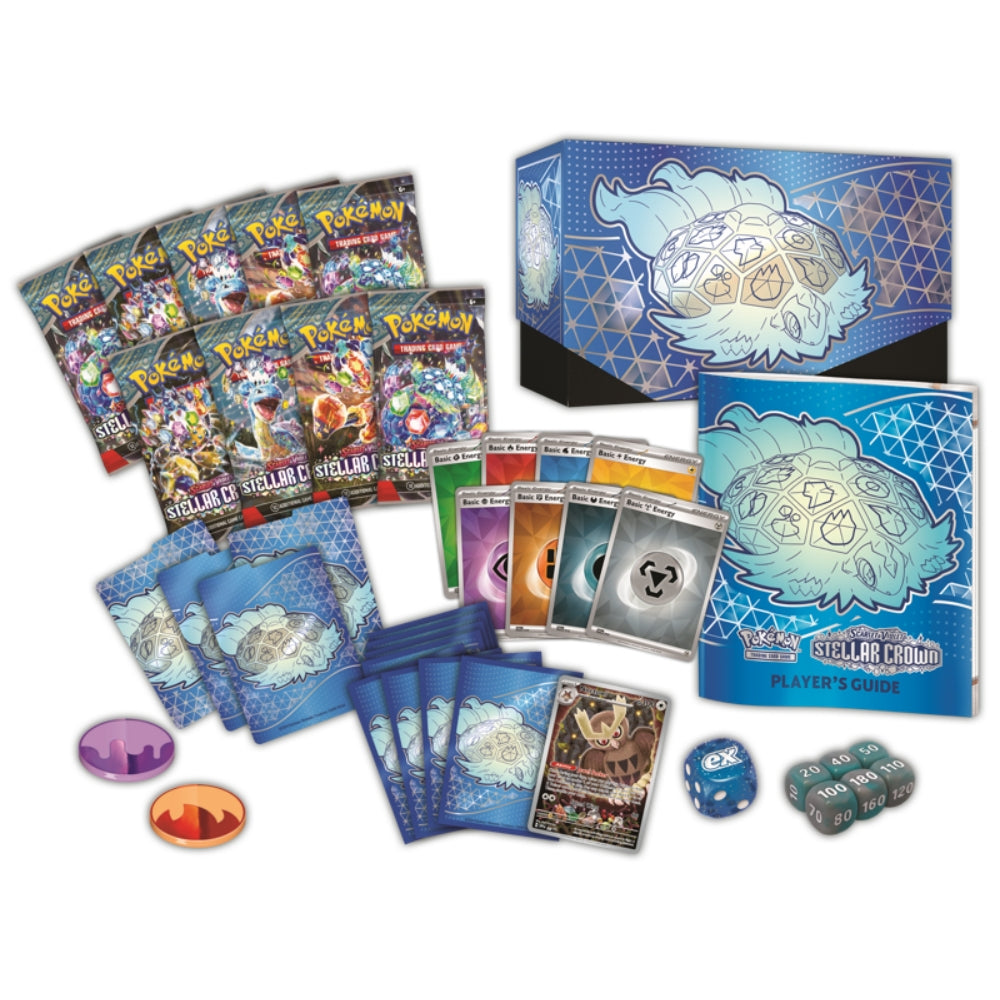 View of the contents of The Pokemon Trading Card Game Scarlet and Violet Stellar Crown Elite Trainer Box.