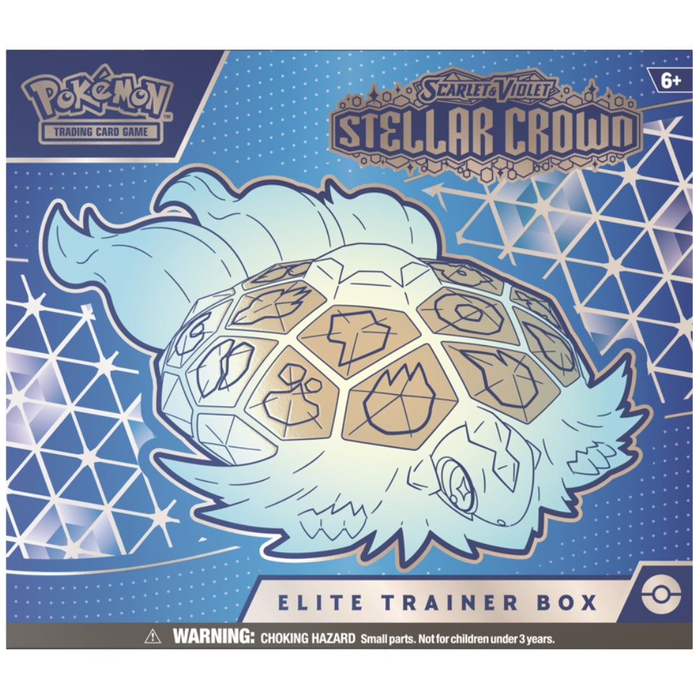 Front view of The Pokemon Trading Card Game Scarlet and Violet Stellar Crown Elite Trainer Box.