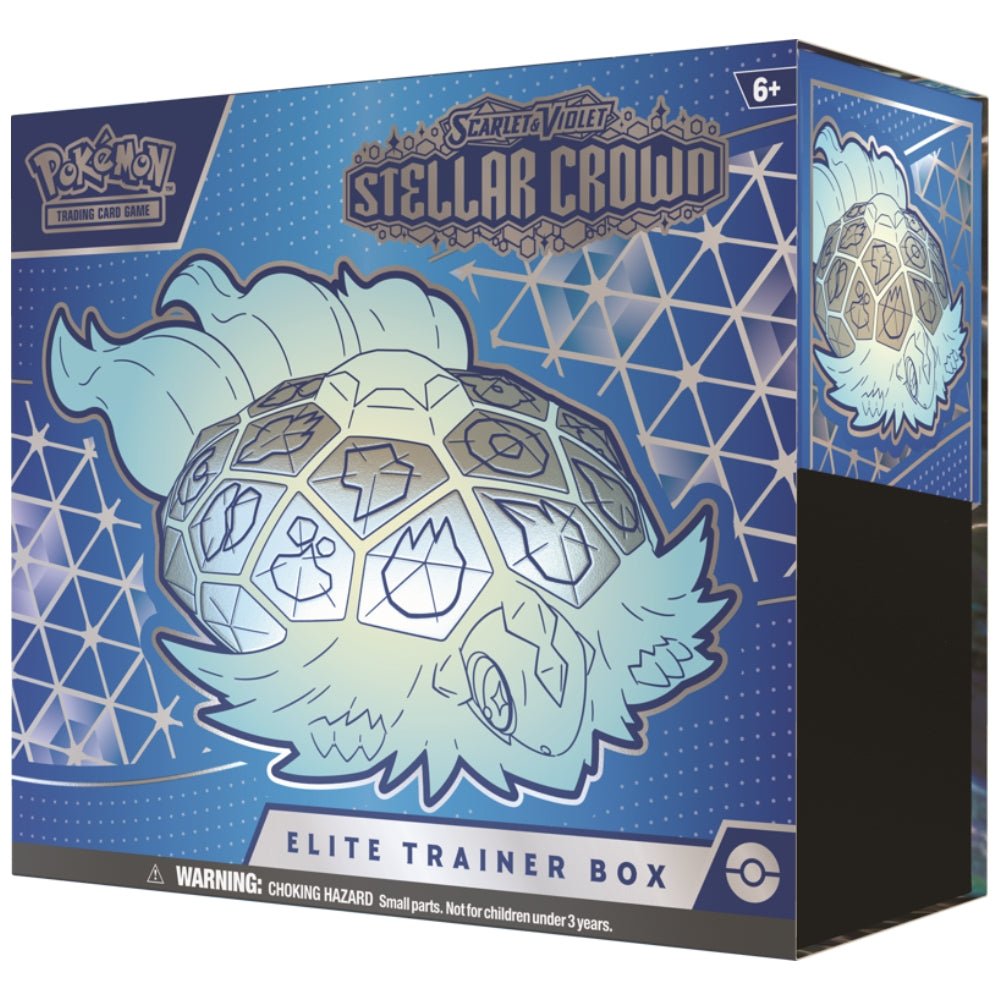 Front angled view of The Pokemon Trading Card Game Scarlet and Violet Stellar Crown Elite Trainer Box.