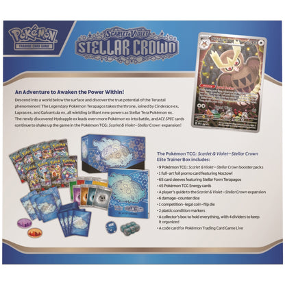 Rear view of The Pokemon Trading Card Game Scarlet and Violet Stellar Crown Elite Trainer Box.