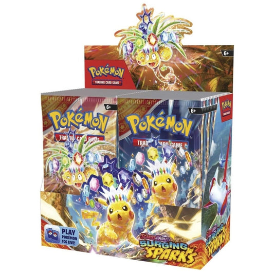 Front angled view of The Pokemon Trading Card Game Scarlet and Violet Surging Sparks Booster Box featuring Tera Pikachu.