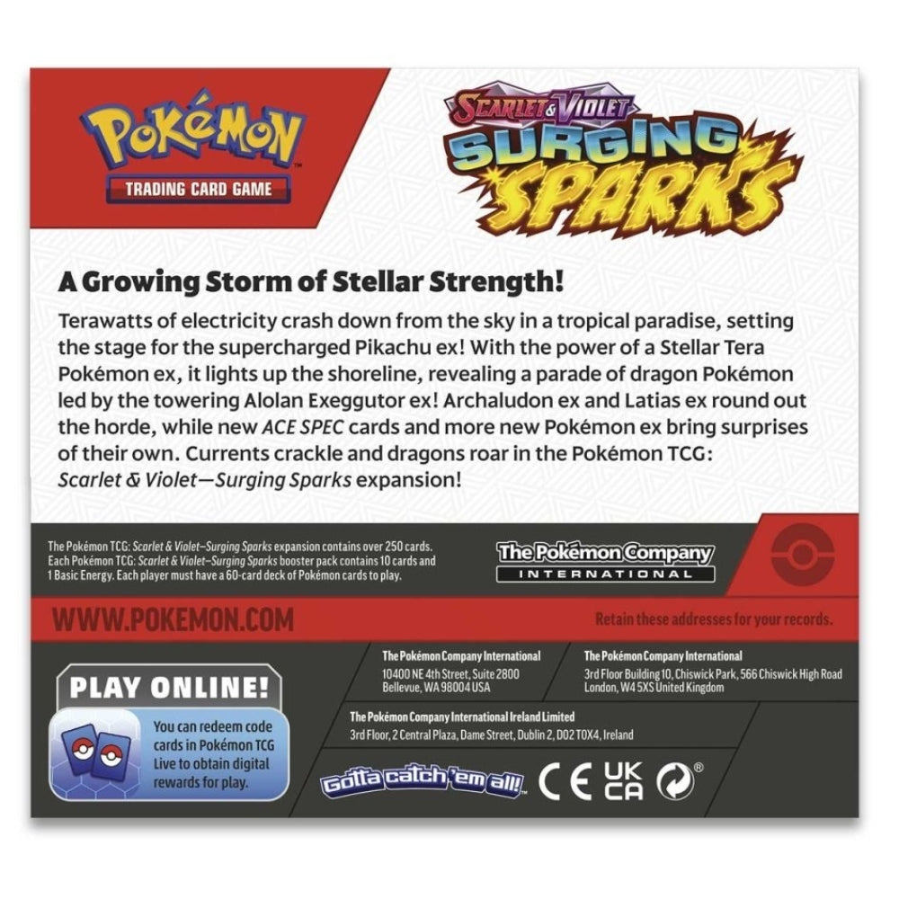 Rear view of The Pokemon Trading Card Game Scarlet and Violet Surging Sparks Booster Box.