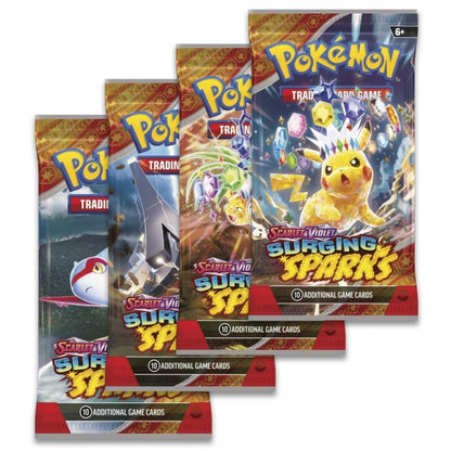 Front view of the 4 variations of The Pokemon Trading Card Game Scarlet and Violet Surging Sparks Booster Packs featuring Tera Pikachu.