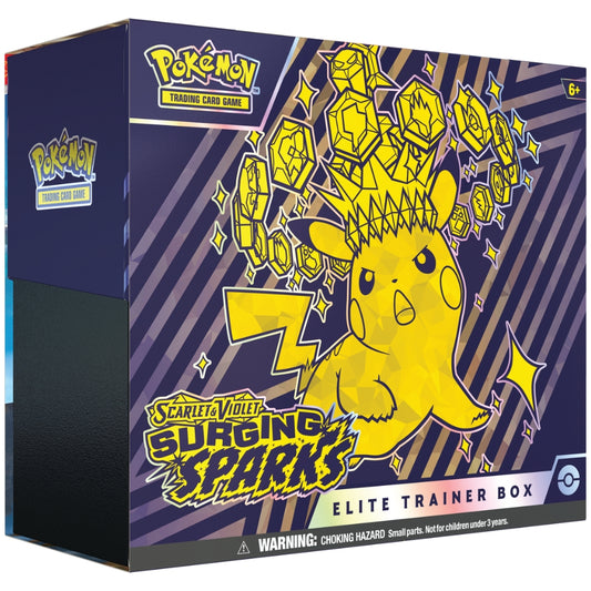 Front angled view of The Pokemon Trading Card Game Scarlet and Violet Surging Sparks Elite Trainer Box Featuring Tera Pikachu.