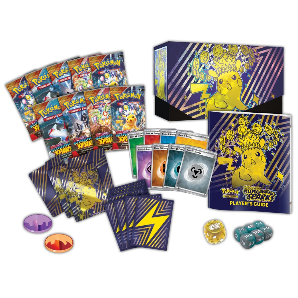 View of all the contents in The Pokemon Trading Card Game Scarlet and Violet Surging Sparks Elite Trainer Box Featuring Tera Pikachu, Booster Packs, Black star promo card and more.