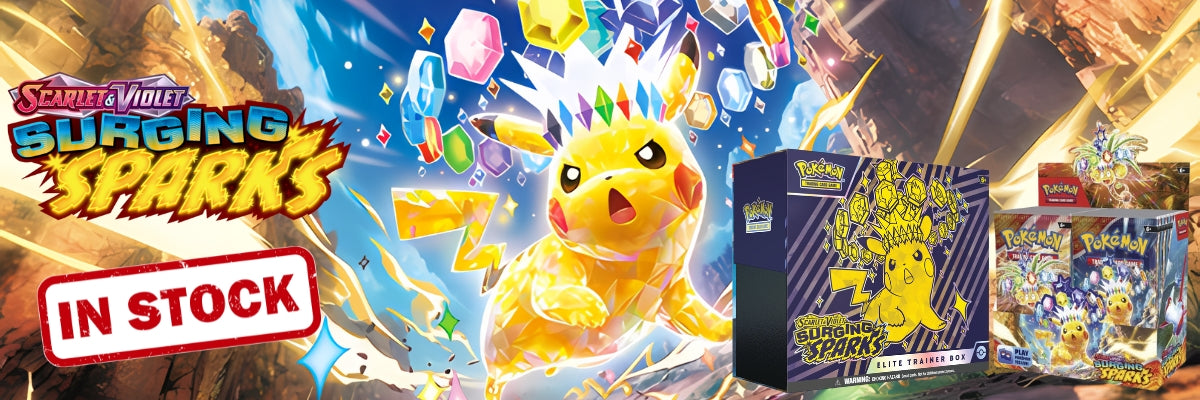 Pokemon Scarlet & Violet Surging Sparks Themed background featuring Pikachu and two products from the set including Elite Trainer Box and Booster Box.