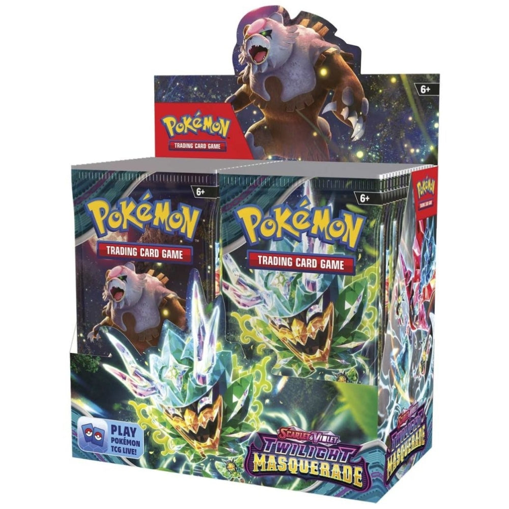 Front angled view of The Pokemon Trading Card Game Scarlet and Violet Twilight Masquerade Booster Box.