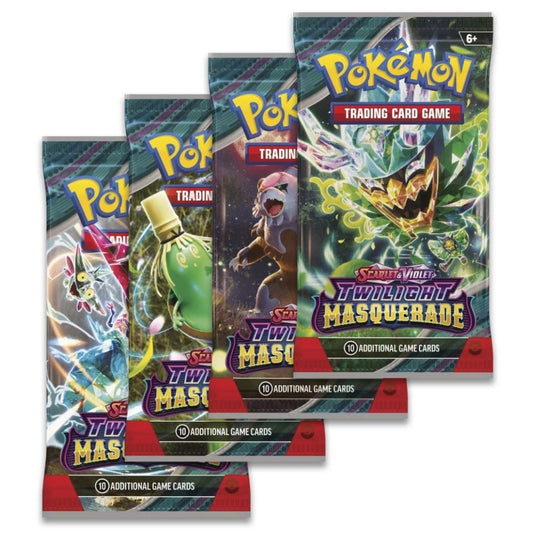 Front view of four Pokemon Trading Card Game Scarlet and Violet twilight Masquerade Booster Packs all featuring different Pokemon Art.