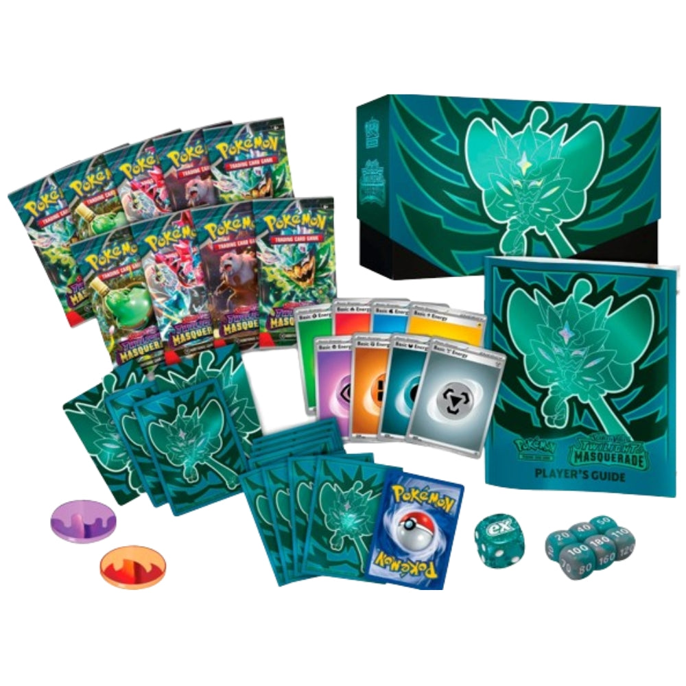 View of the contents from the Pokemon Trading Card Game Scarlet and Violet Twilight Masquerade Elite Trainer Box, including Booster Packs, Card Sleeves, Energy Cards and Damage counters.