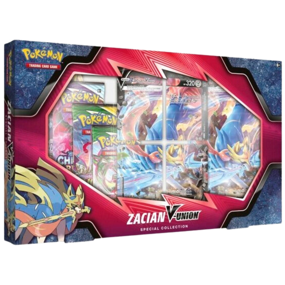 Front angled view of the Pokemon Trading Card Game Sword and Shield Zacian V-UNION Special Collection Box.