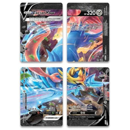 Front view of standard size cards featuring Zacian V-UNION artwork from Jumbo card.