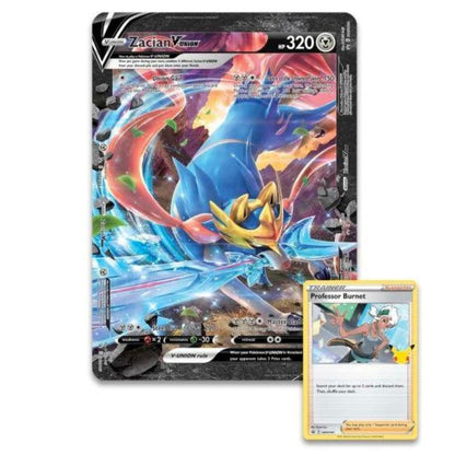 Front view of Zacian V-UNION Jumbo Card and Standard size Professor Burnet card.