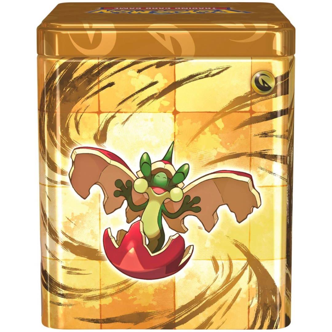 Front view of the Pokemon Trading Card Game Q1 2024 draconic Dragon-type Pokemon Stacking Tin.