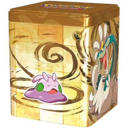 Front angled view of the Pokemon Trading Card Game Q1 2024 draconic Dragon-type Pokemon Stacking Tin.