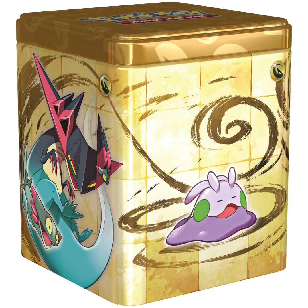 Side angled view of the Pokemon Trading Card Game Q1 2024 draconic Dragon-type Pokemon Stacking Tin.