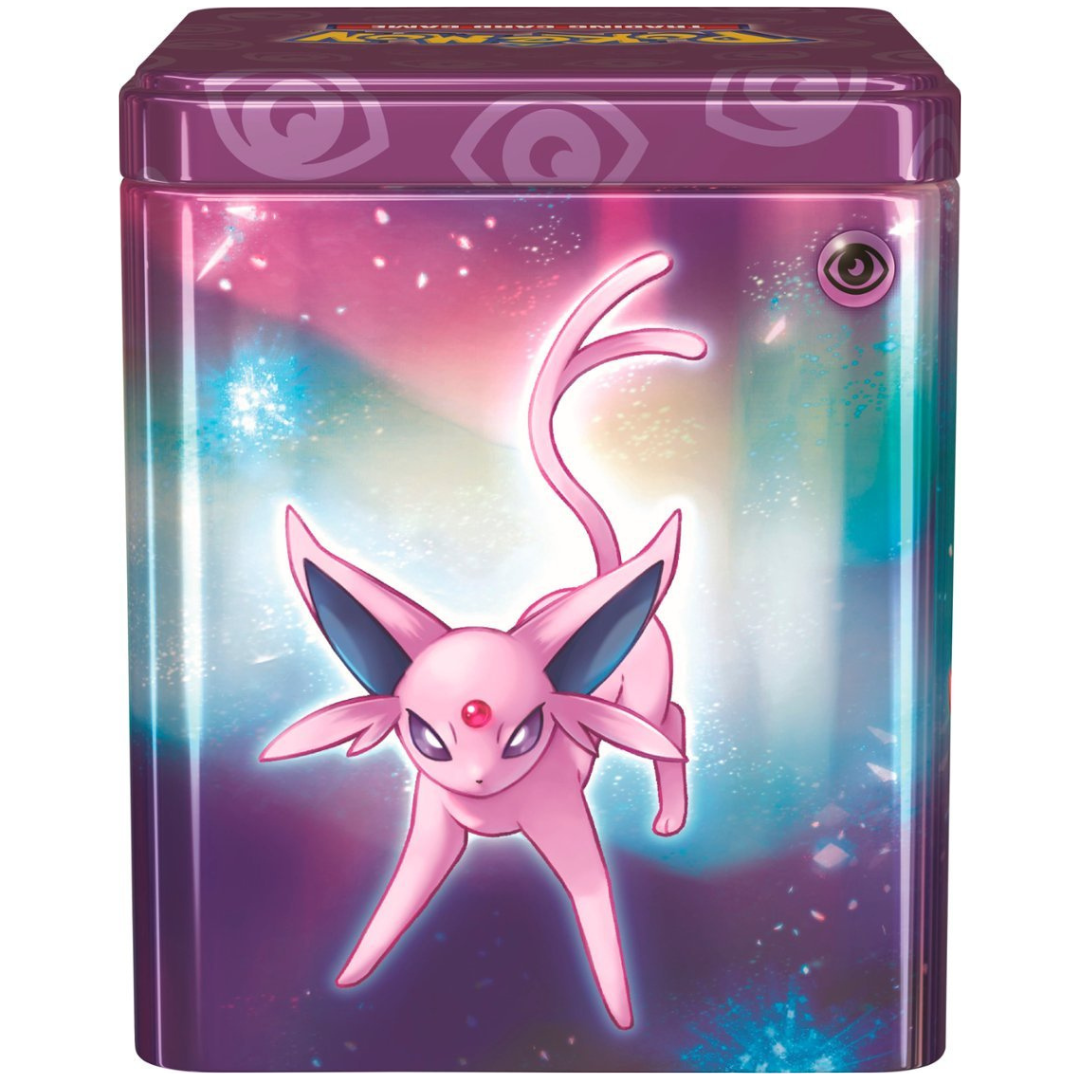 Front view of the Pokemon Trading Card Game Q1 2024 serene Psychic-type Pokemon Stacking Tin.