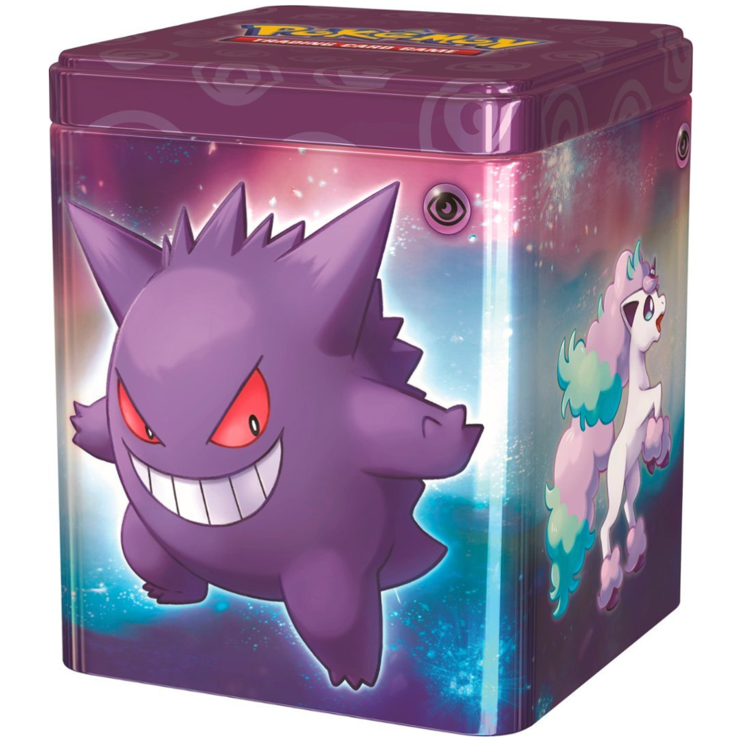 Front angled view of the Pokemon Trading Card Game Q1 2024 serene Psychic-type Pokemon Stacking Tin.