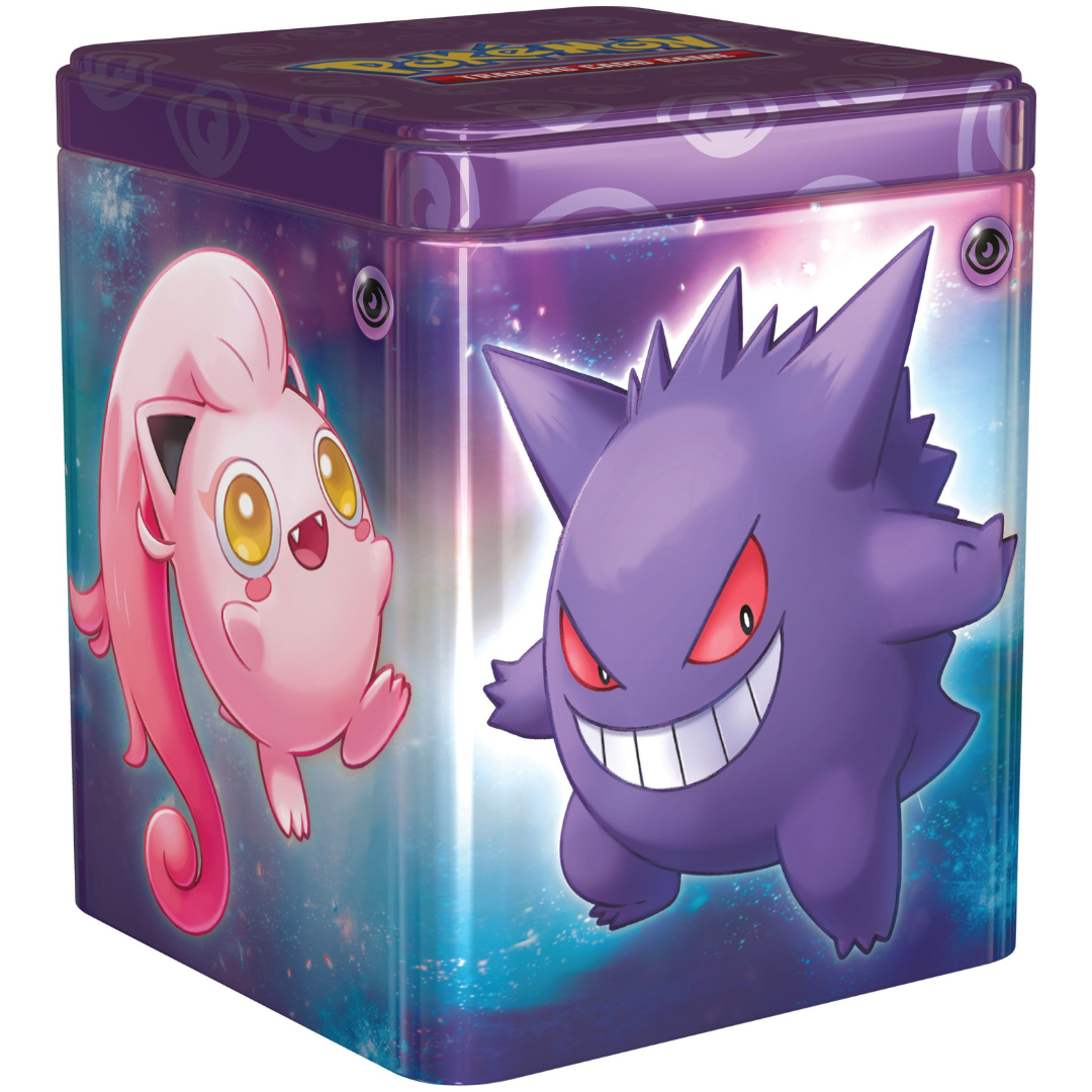 Side angled view of the Pokemon Trading Card Game Q1 2024 serene Psychic-type Pokemon Stacking Tin.