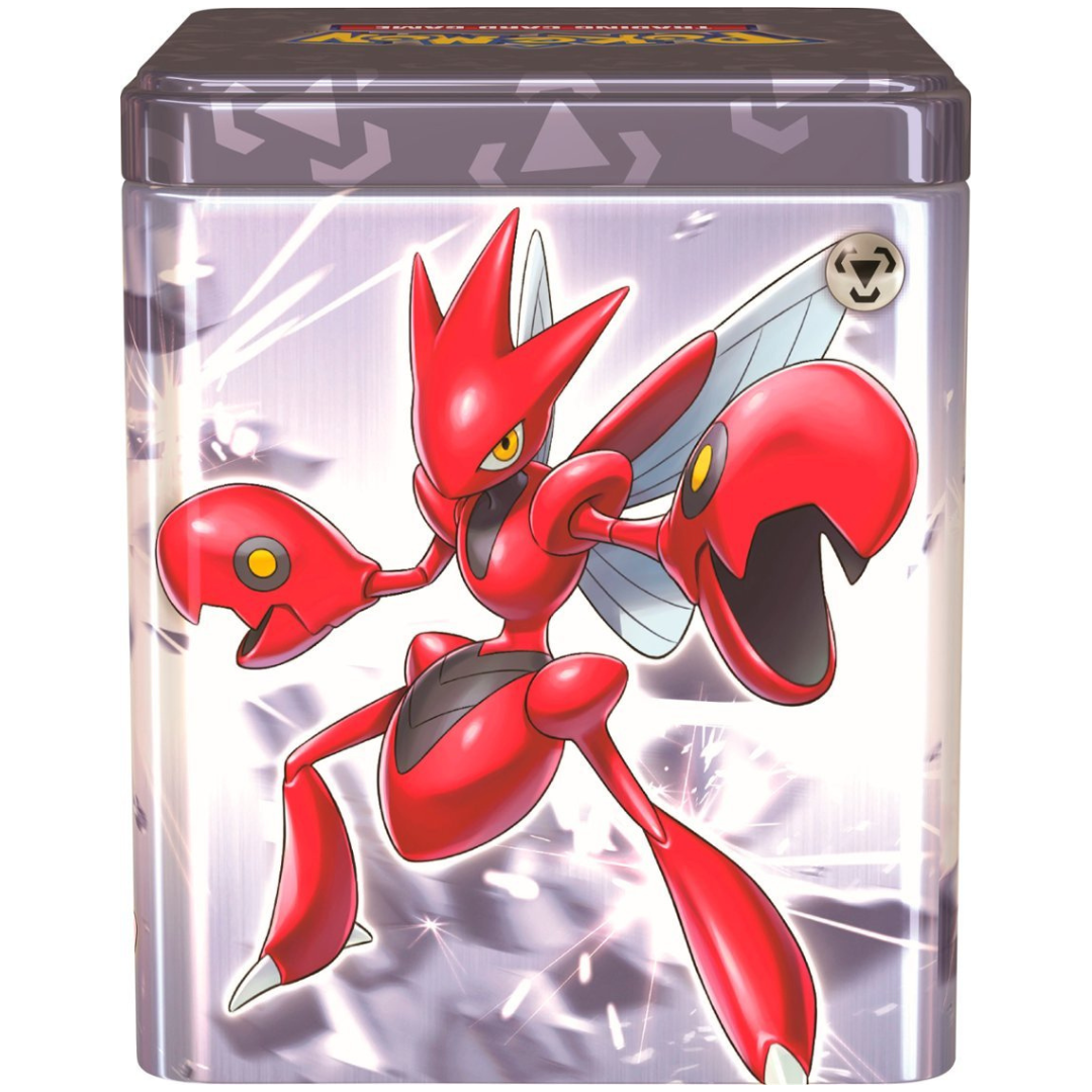 Front view of the Pokemon Trading Card Game Q1 2024 steely Metal-type Pokemon Stacking Tin.