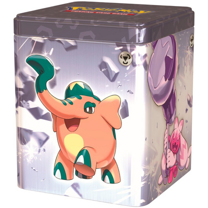 Front Angled view of the Pokemon Trading Card Game Q1 2024 steely Metal-type Pokemon Stacking Tin.