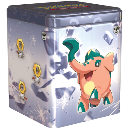 Side angled view of the Pokemon Trading Card Game Q1 2024 steely Metal-type Pokemon Stacking Tin.