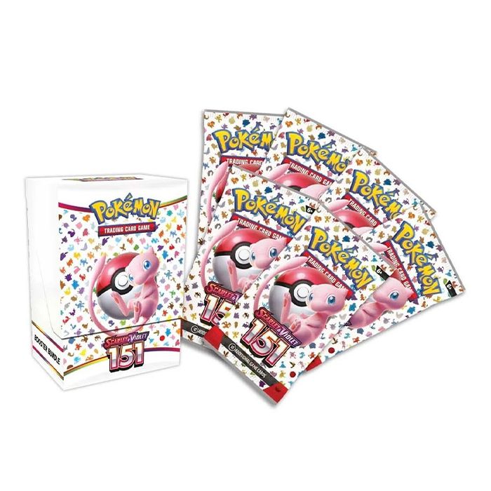 Front angled view of the Pokemon Trading Card Game Scarlet and Violet 151 Booster Bundle Box including 6 Booster packs from the contents of the box.