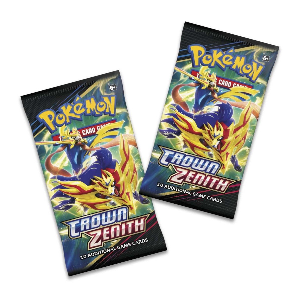 Front view of two of The Pokemon Trading Card Game Sword and Shield Crown Zenith Booster Packs.